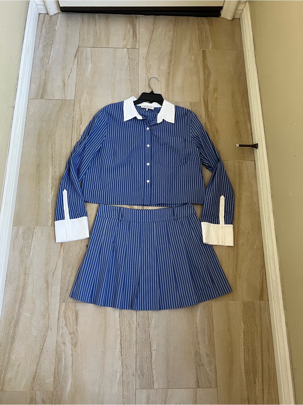Wayf Blue & White Pinstripe Crop Shirt and Pleated Skirt Matching Set